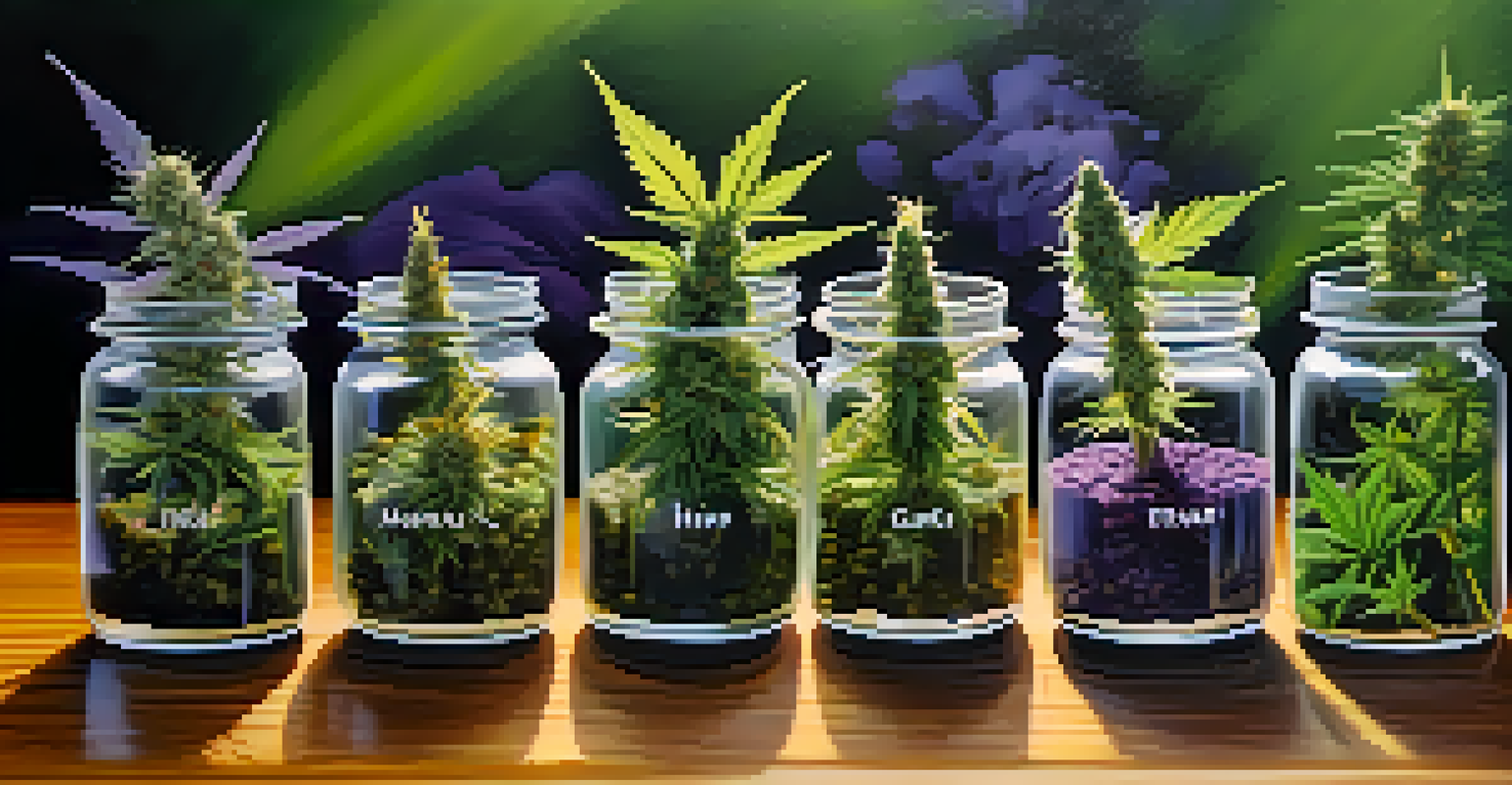 A close-up view of different marijuana strains displayed on a wooden table with labels.
