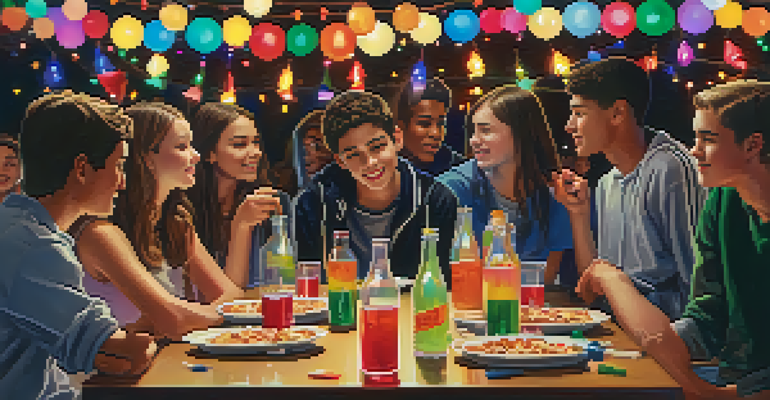 A vibrant high school party where one teen confidently declines a joint while others are enjoying it, set against colorful lights.