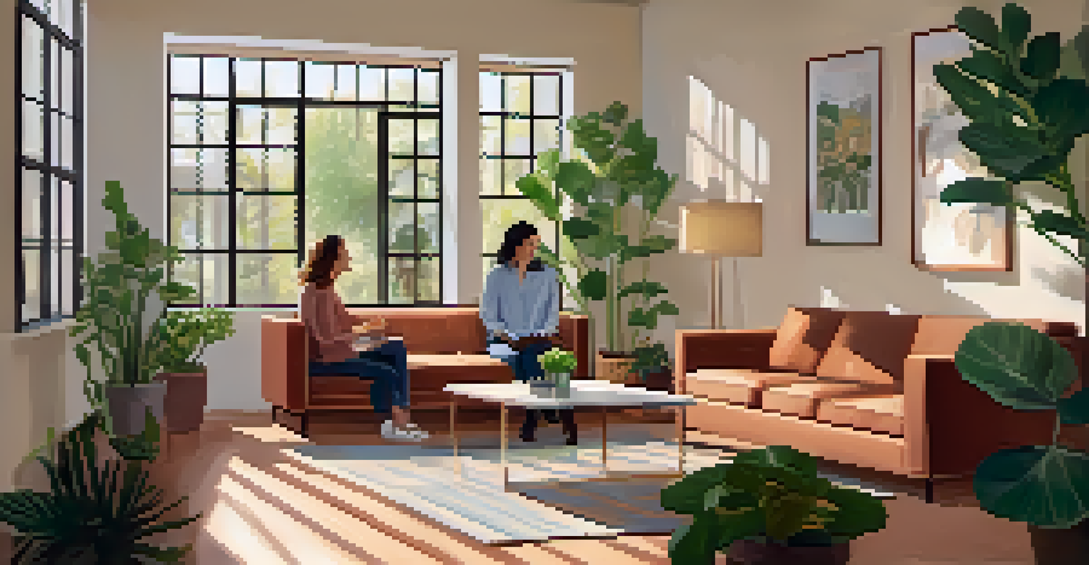 A counselor and client having a conversation in a cozy, well-lit room filled with plants and soft decor.