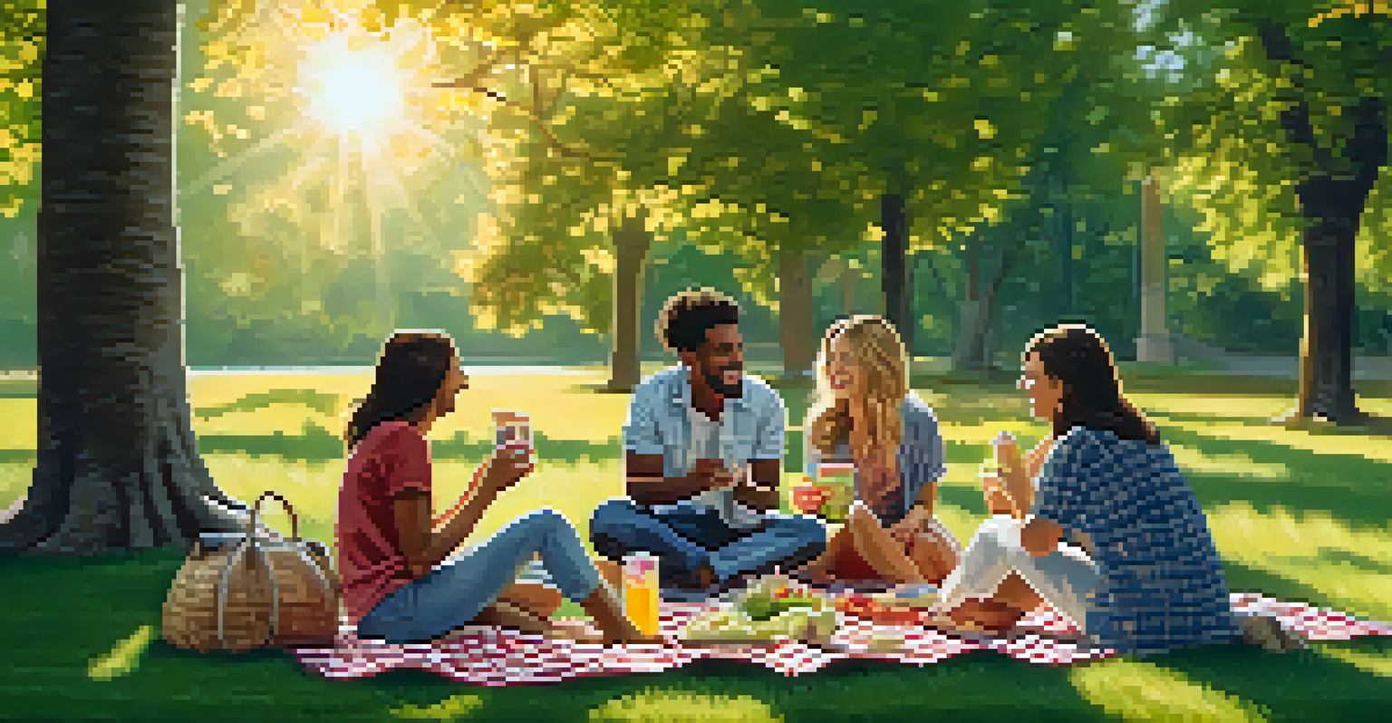 A group of friends enjoying a picnic in a park, surrounded by nature and laughter.