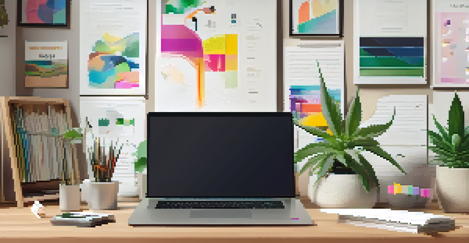 A creative workspace with a laptop displaying a cannabis brand's website, surrounded by notepads, coffee cup, and marketing materials.