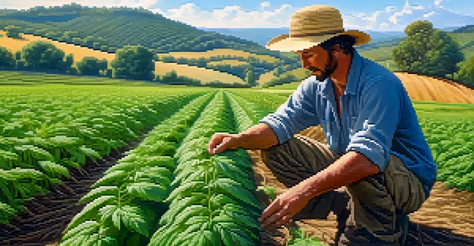 A small farmer caring for cannabis and traditional crops in a sunny rural landscape.