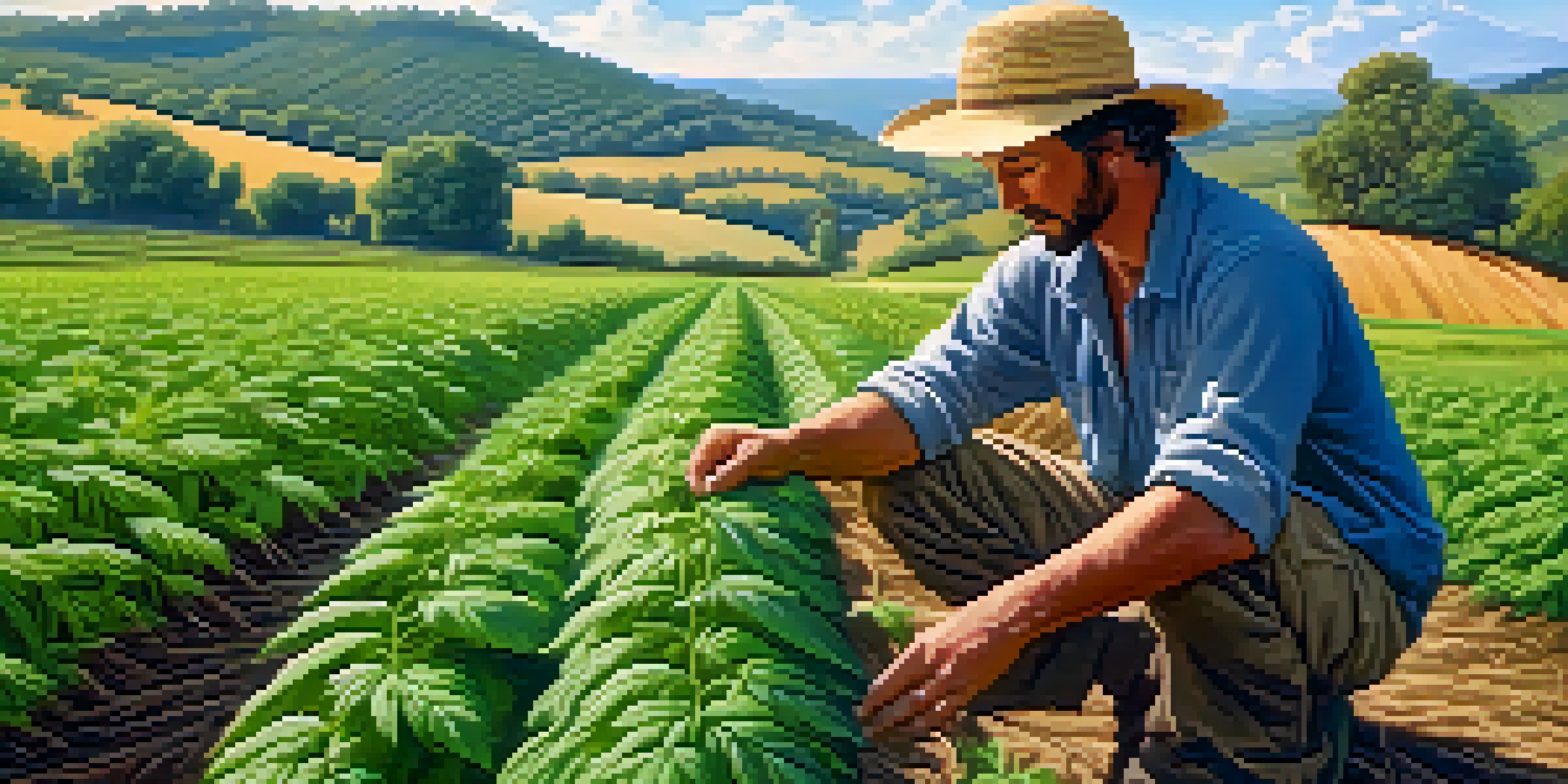 A small farmer caring for cannabis and traditional crops in a sunny rural landscape.