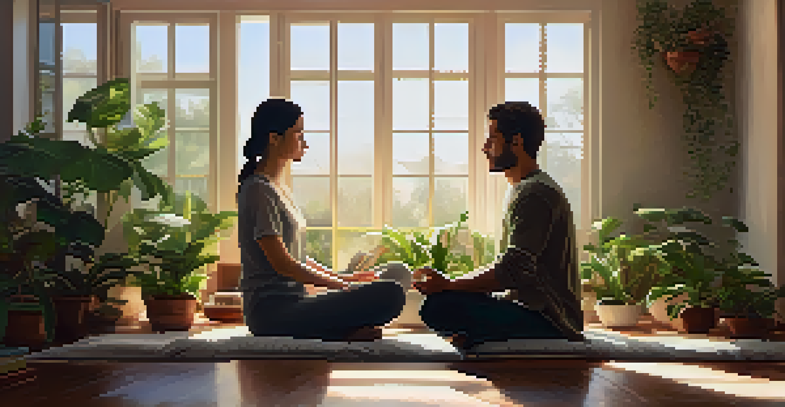 A couple meditating together in a peaceful, plant-filled room with soft cushions and natural light.