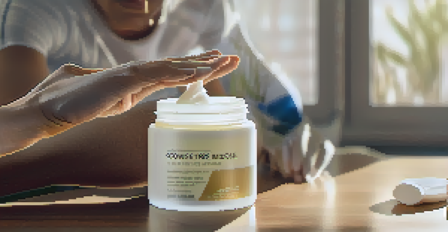 Close-up of hands applying CBD-infused cream to an athlete's sore muscle, with the product jar in the background.