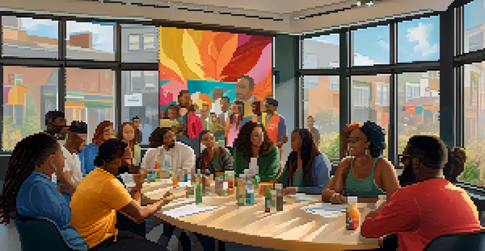 A diverse group of people in a bright meeting room discussing social equity in cannabis, with colorful posters and natural light.