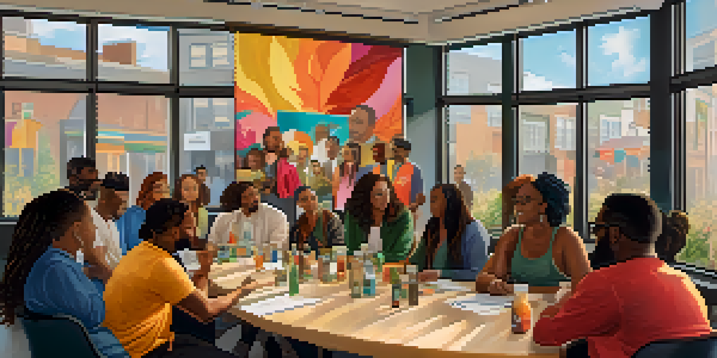 A diverse group of people in a bright meeting room discussing social equity in cannabis, with colorful posters and natural light.