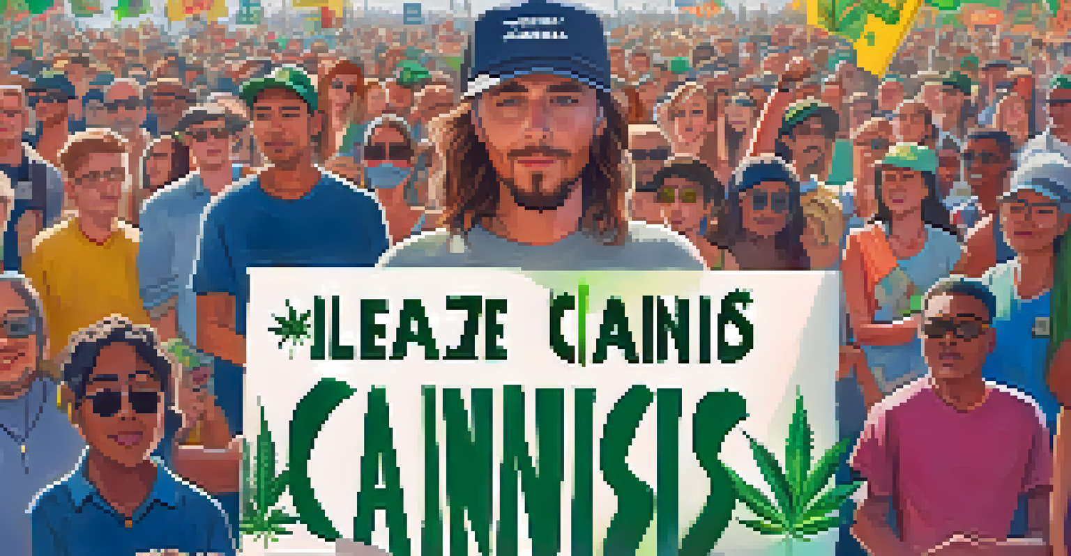 An activist at a rally holding a sign advocating for cannabis legalization, surrounded by a diverse crowd and under a clear blue sky.
