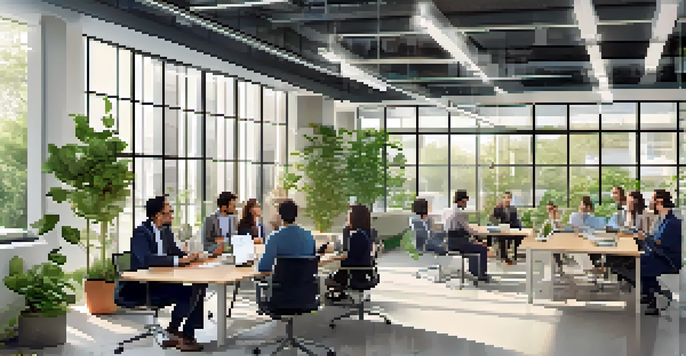 A bright and modern office conference room with diverse employees discussing workplace policies around a large table.