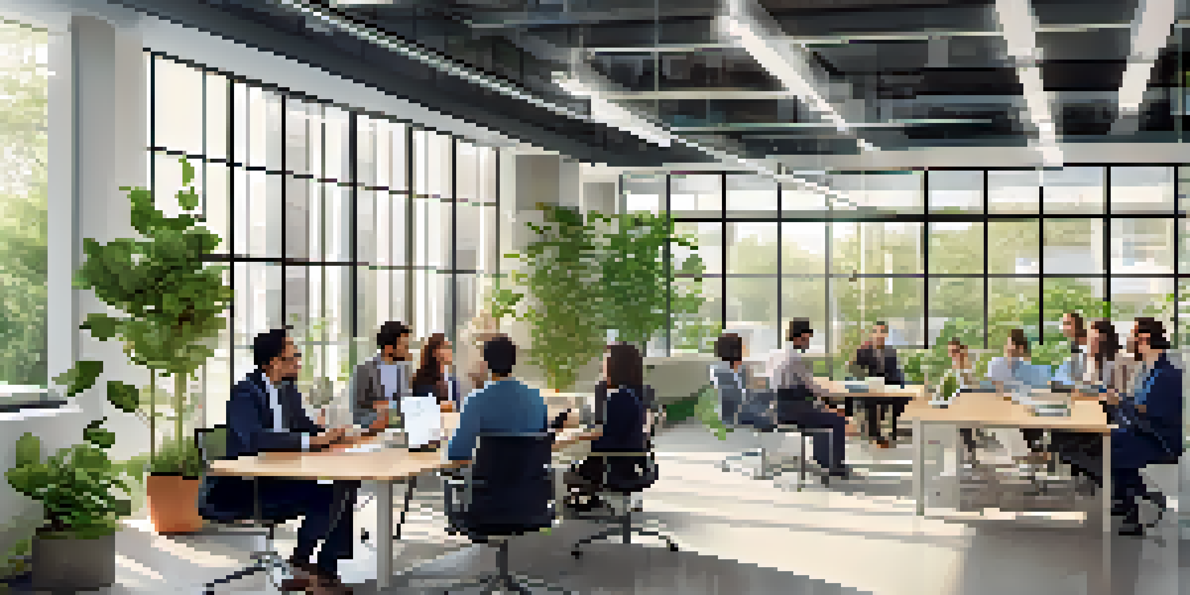 A bright and modern office conference room with diverse employees discussing workplace policies around a large table.