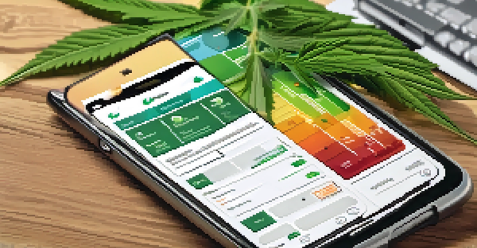 A smartphone on a wooden table displaying a cannabis app with strain information and statistics, surrounded by cannabis leaves and a notebook, illuminated by natural light.