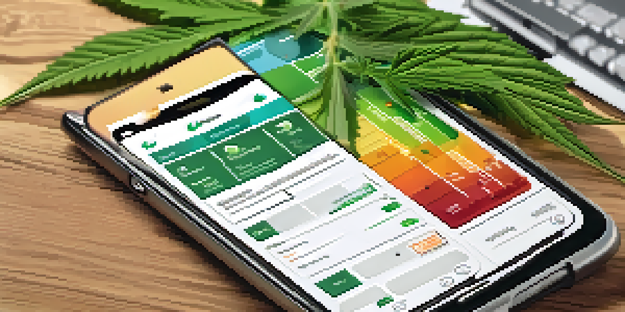 A smartphone on a wooden table displaying a cannabis app with strain information and statistics, surrounded by cannabis leaves and a notebook, illuminated by natural light.