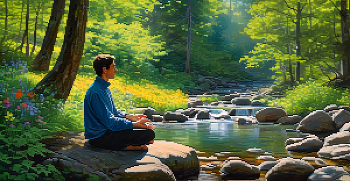 A peaceful forest scene with a person meditating on a rock by a stream, surrounded by colorful wildflowers and sunlight filtering through the trees.