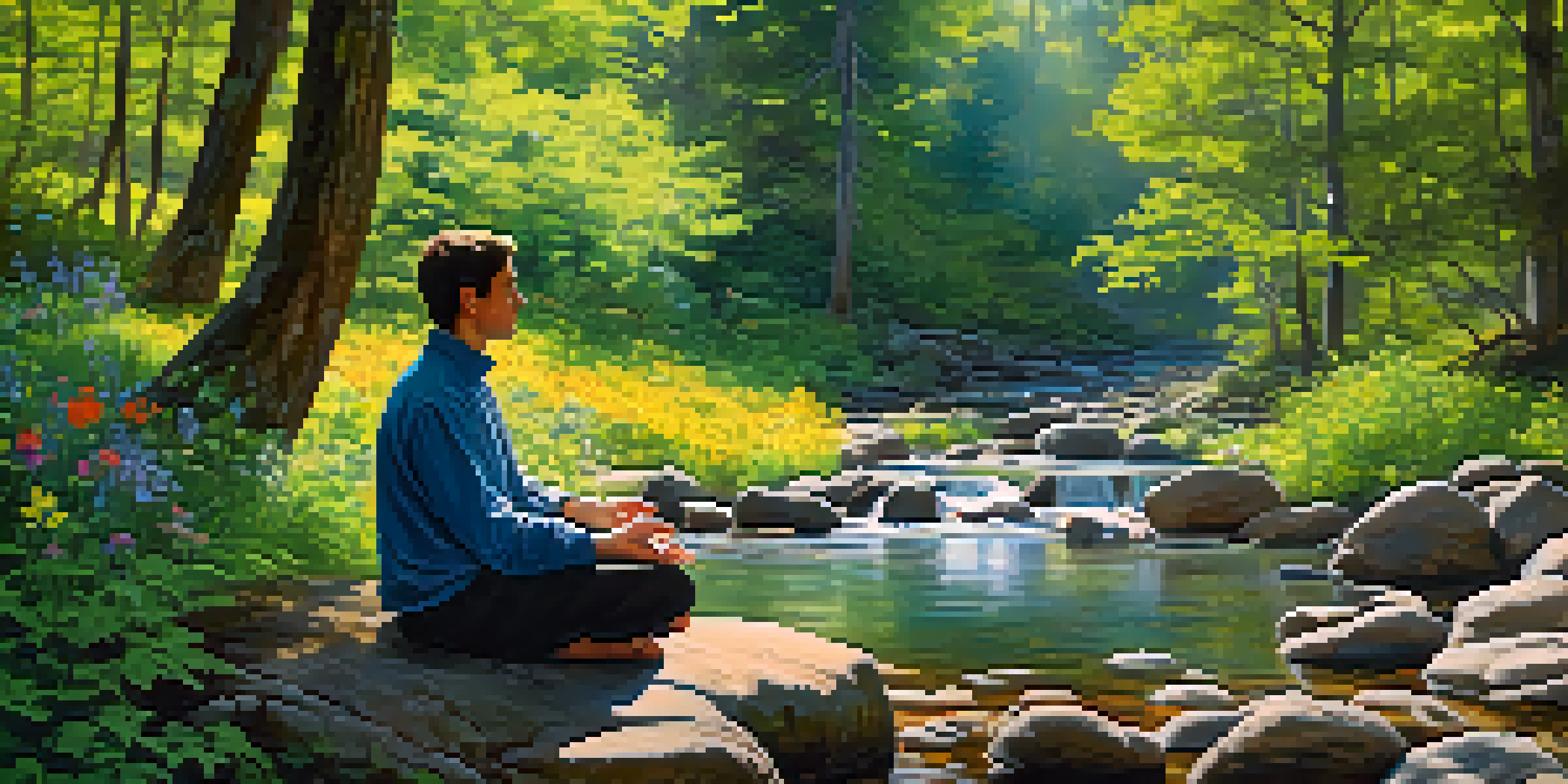 A peaceful forest scene with a person meditating on a rock by a stream, surrounded by colorful wildflowers and sunlight filtering through the trees.