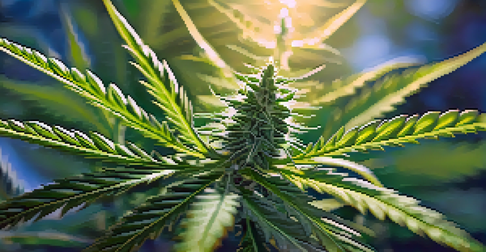 A detailed close-up of a cannabis plant with green leaves and buds under soft sunlight, set against a blurred garden background.