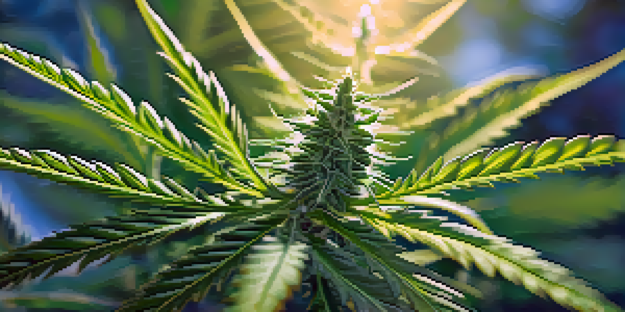 A detailed close-up of a cannabis plant with green leaves and buds under soft sunlight, set against a blurred garden background.