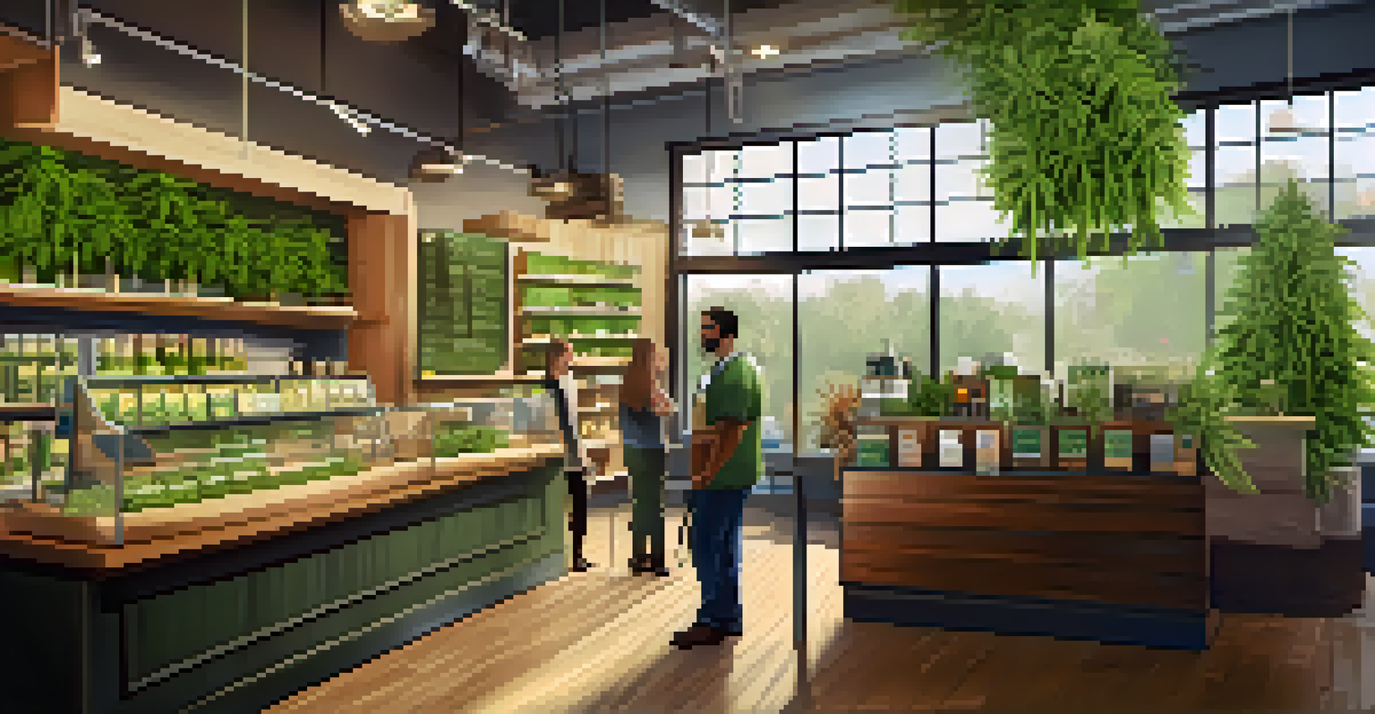 A bright and welcoming cannabis dispensary interior with staff helping customers amidst shelves of products.