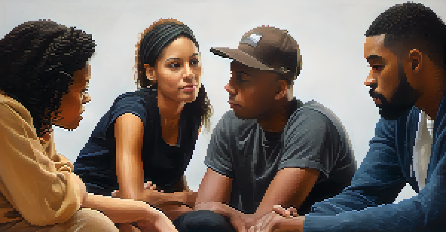 A group of diverse individuals in a circle, sharing and supporting each other in a heartfelt conversation.