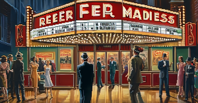 A vintage movie theater marquee at night, with the title 'Reefer Madness' illuminated, surrounded by people in 1930s clothing.
