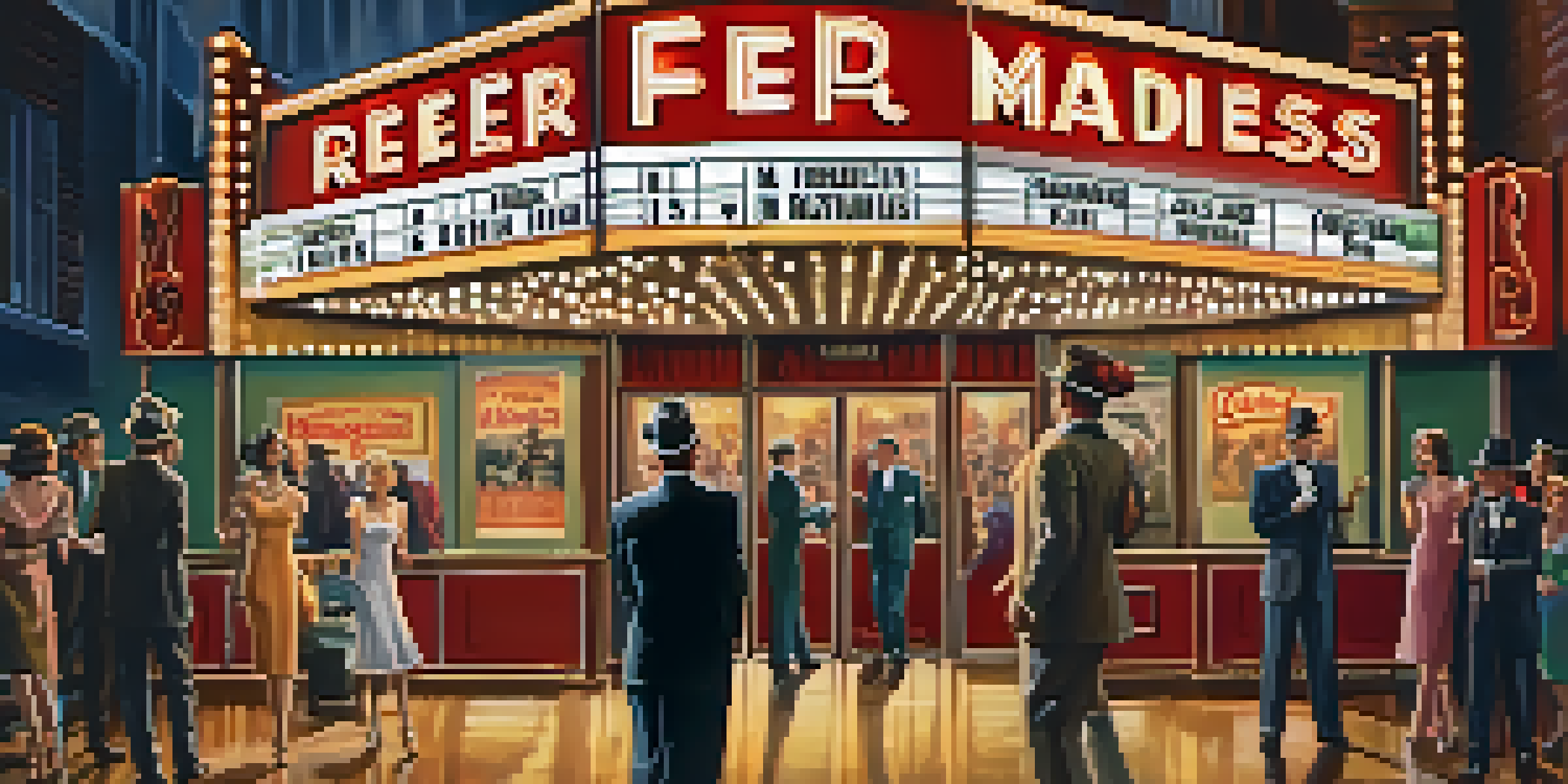 A vintage movie theater marquee at night, with the title 'Reefer Madness' illuminated, surrounded by people in 1930s clothing.