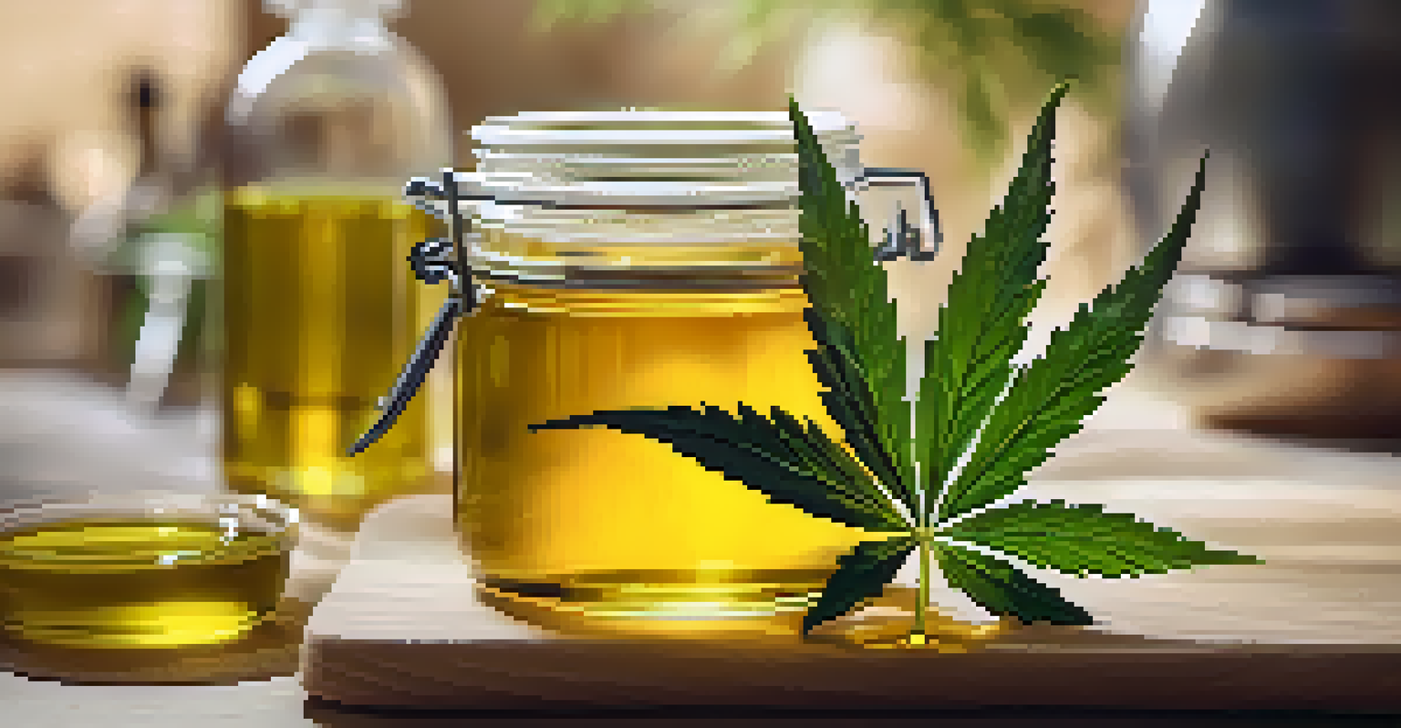 A glass jar filled with golden cannabis oil, surrounded by fresh cannabis leaves and olive oil.