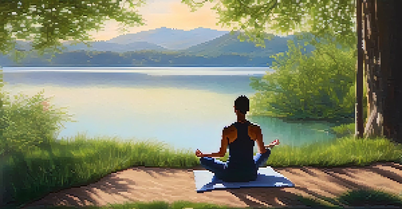 A person meditating outdoors in a peaceful setting, surrounded by nature, with sunlight filtering through trees and a lake in the background.