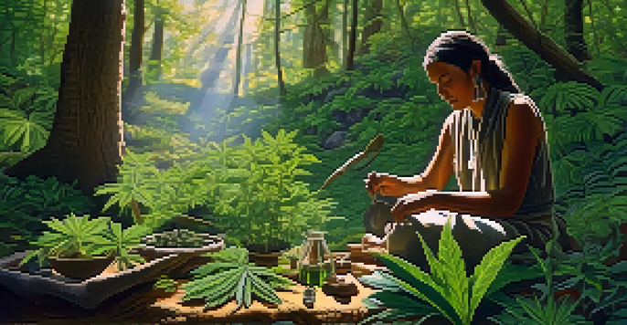 An Indigenous healer in a green forest preparing natural remedies with medicinal plants.