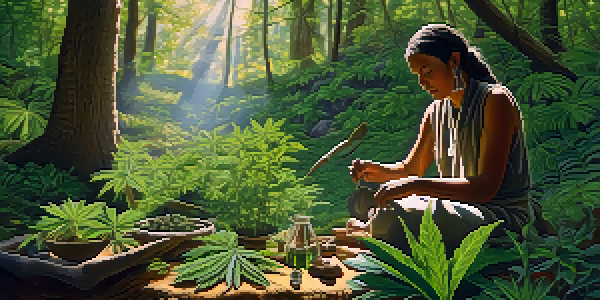 An Indigenous healer in a green forest preparing natural remedies with medicinal plants.