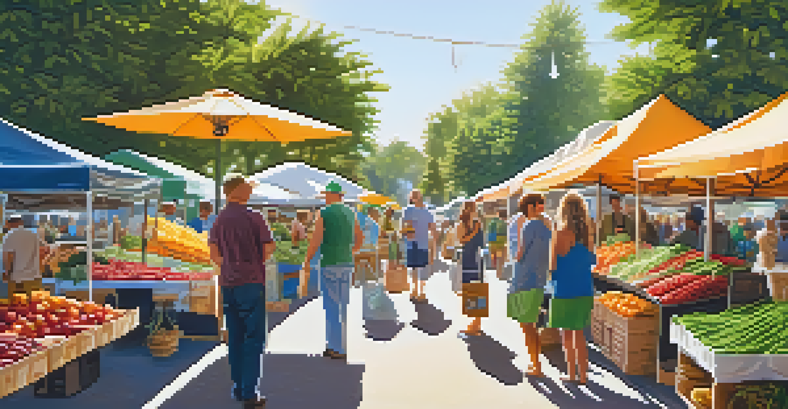 A vibrant outdoor farmer's market with vendors selling organic products and cannabis-related goods, filled with visitors.