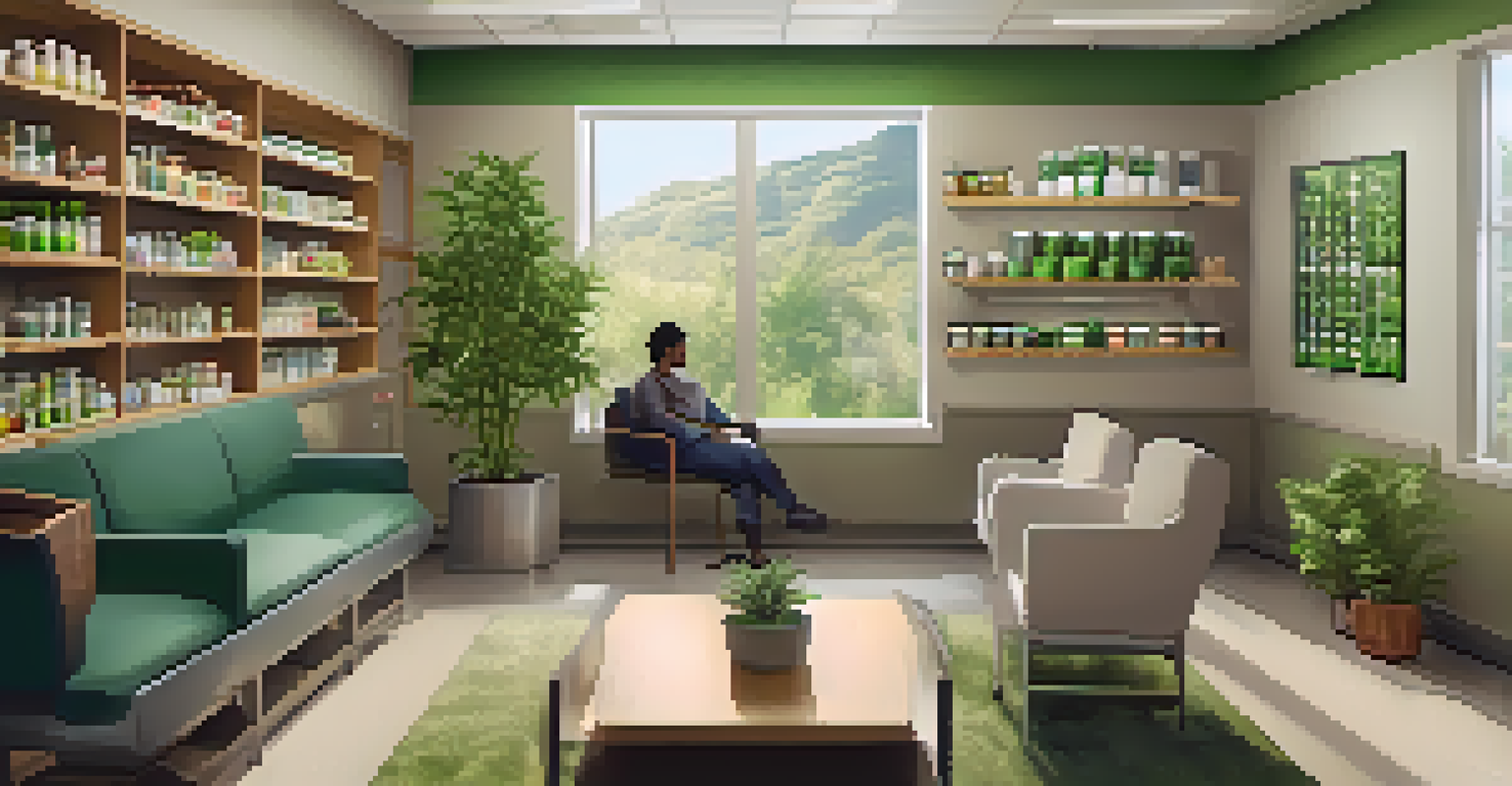 Interior of a modern medical marijuana clinic with patients consulting healthcare providers, warm lighting, and shelves of products.