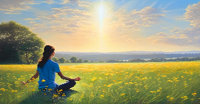 A person meditating in a green field surrounded by wildflowers under a blue sky with clouds.