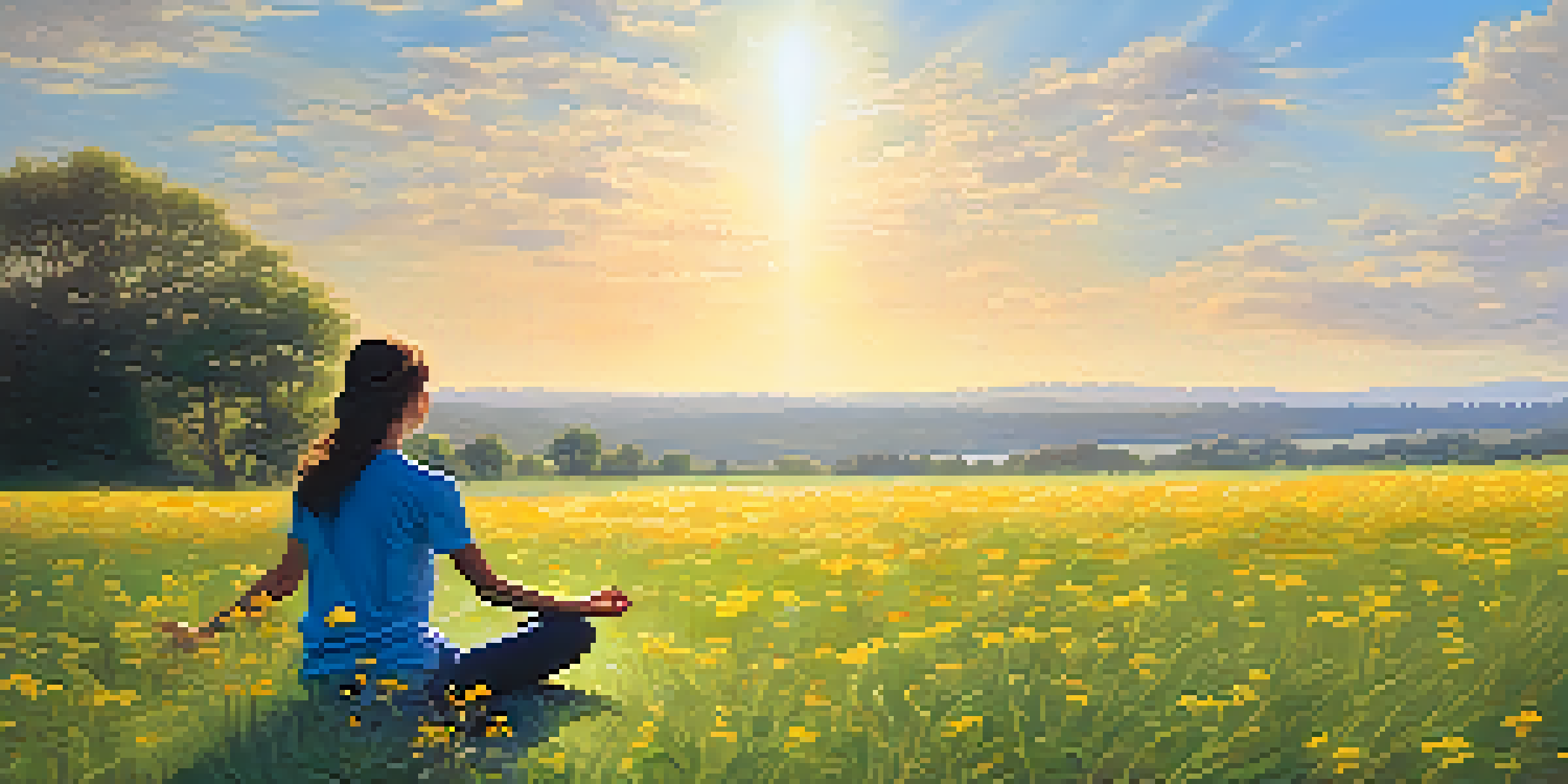 A person meditating in a green field surrounded by wildflowers under a blue sky with clouds.
