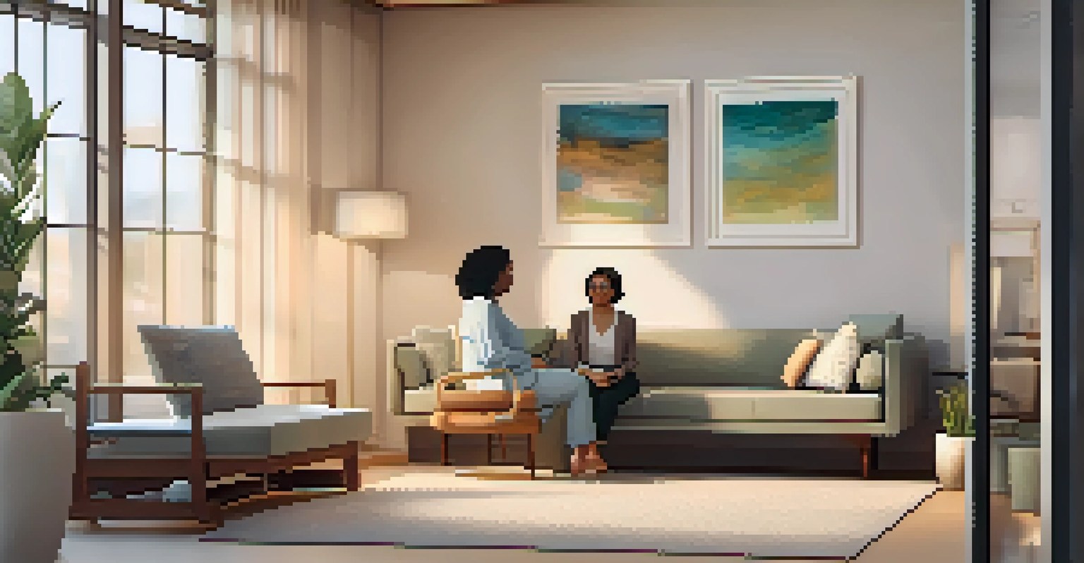 A cozy therapy room where a therapist and client are having a supportive conversation in a calming environment.