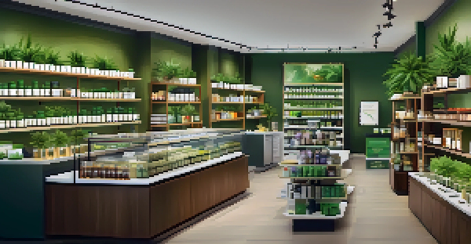 A busy cannabis dispensary with customers browsing products on shelves, illuminated by warm lighting.