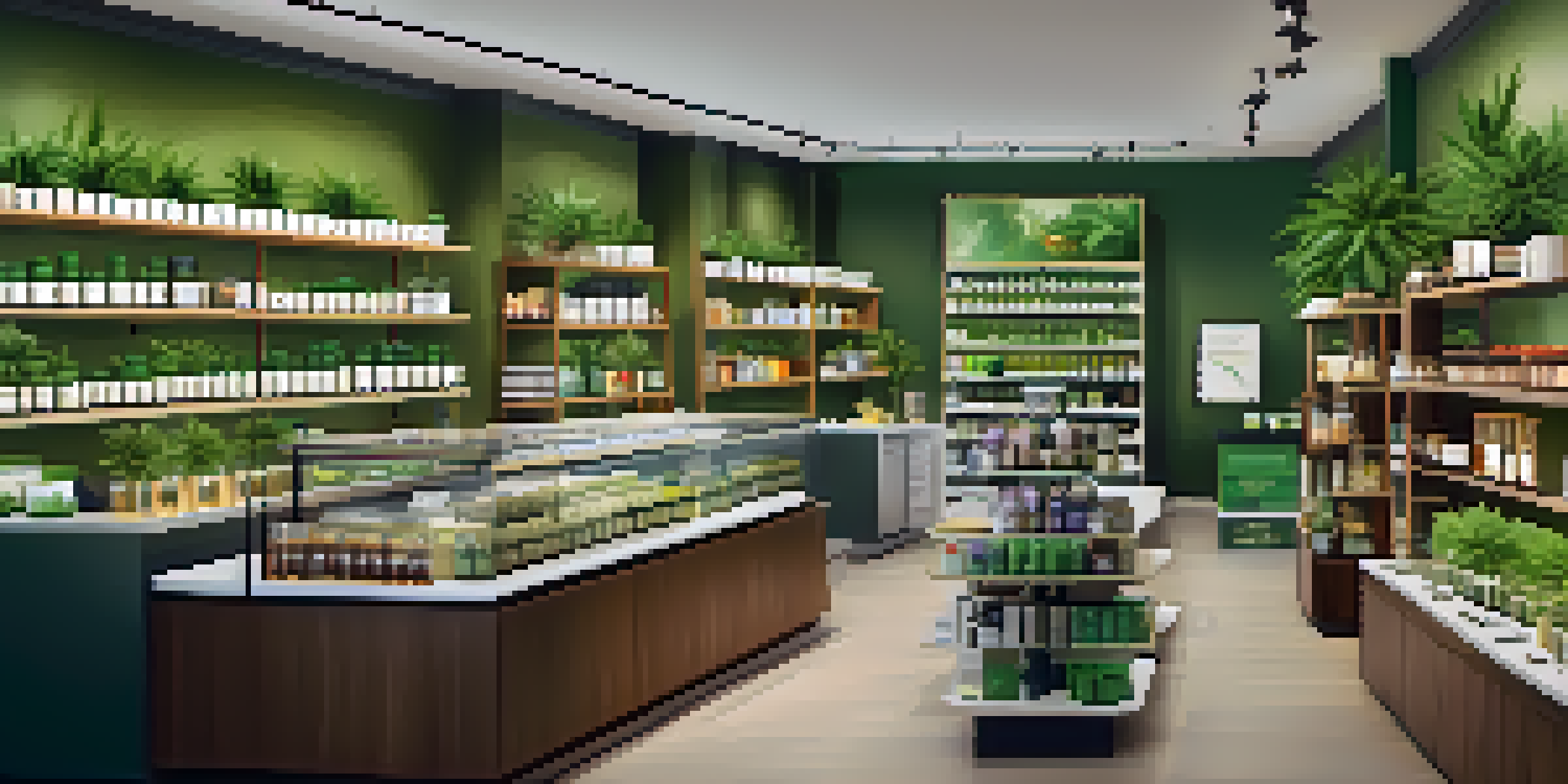 A busy cannabis dispensary with customers browsing products on shelves, illuminated by warm lighting.