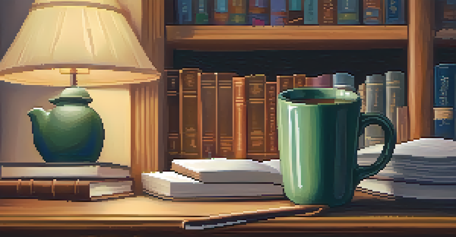 A first responder holding a steaming mug of herbal tea in a cozy room filled with mental health resources.
