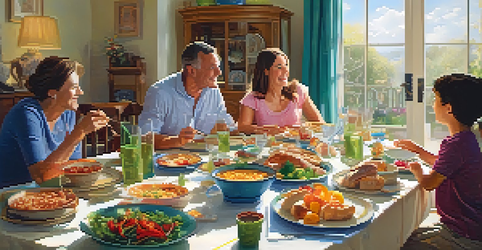 A family enjoying a meal together at a dining table, filled with food and conversation.