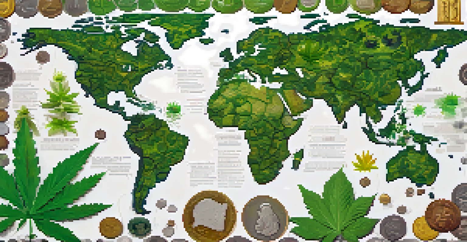 A world map highlighting regions with legalized marijuana and economic symbols.