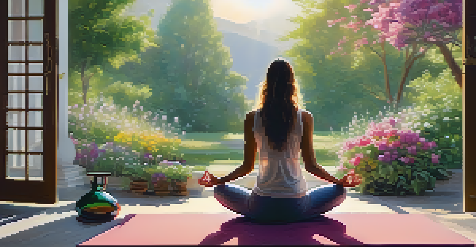 A person doing yoga in a garden with a CBD oil bottle next to a yoga mat, surrounded by blooming flowers.