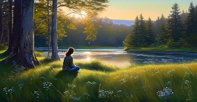 A peaceful forest scene at dawn with a person meditating on the grass surrounded by wildflowers.