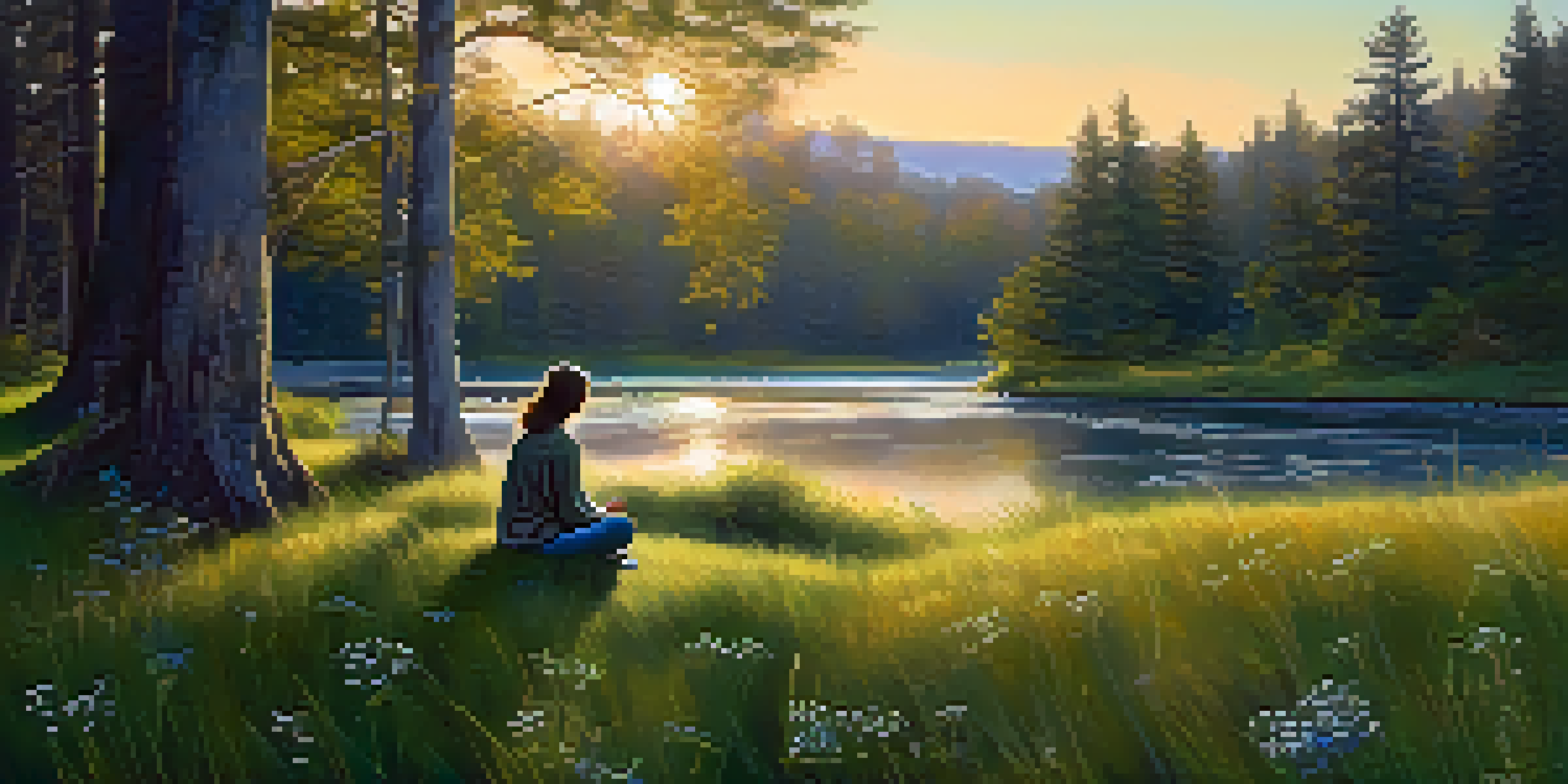 A peaceful forest scene at dawn with a person meditating on the grass surrounded by wildflowers.