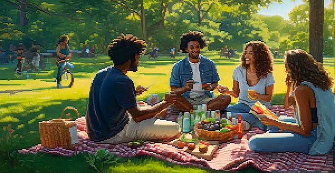 A diverse group of friends having a picnic in a lush green park, with one person rolling a cannabis joint, surrounded by colorful flowers and healthy snacks.
