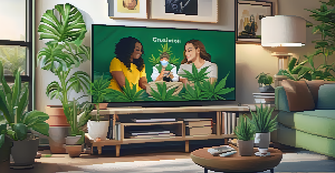 A smartphone displaying a colorful social media feed with posts about marijuana experiences in a cozy living room.