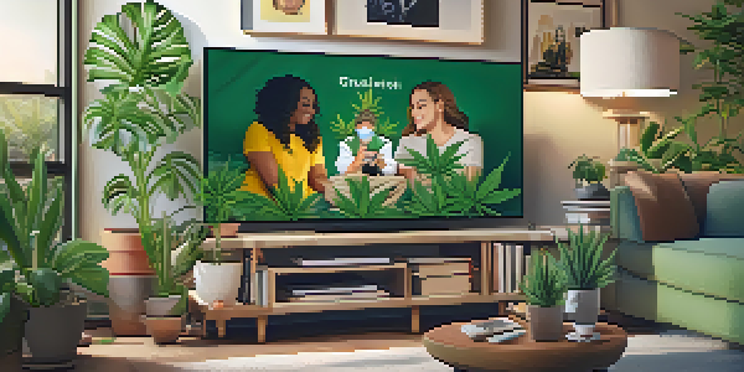 A smartphone displaying a colorful social media feed with posts about marijuana experiences in a cozy living room.