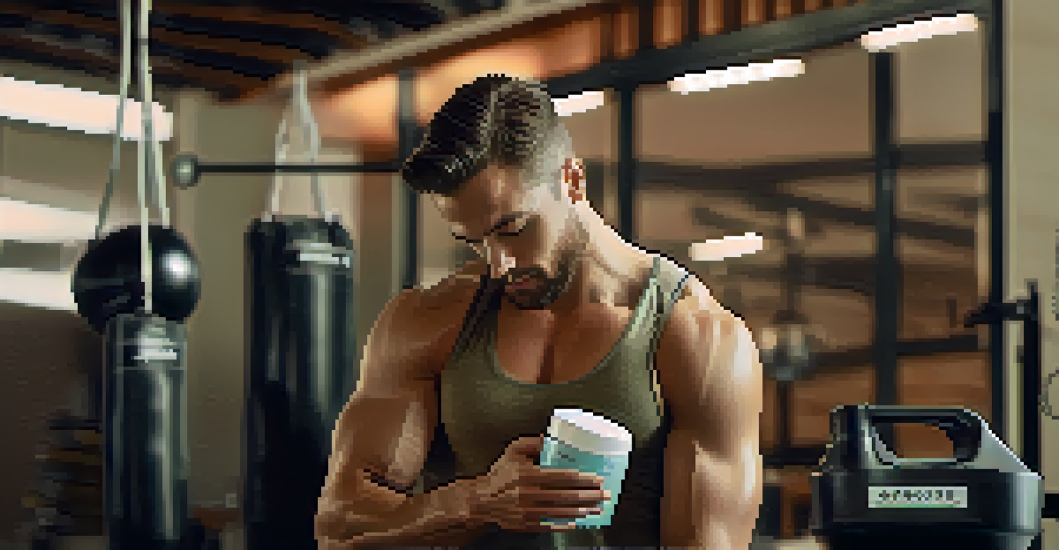 An athlete applying CBD cream on their shoulder in a gym after a workout, with gym equipment in the background.