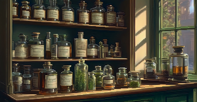 A vintage pharmacy interior with wooden shelves filled with glass jars of cannabis tinctures and herbal remedies, accented by warm lighting.