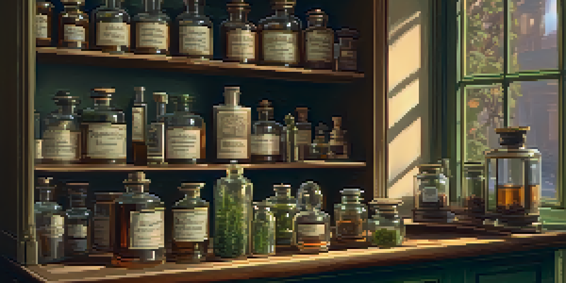 A vintage pharmacy interior with wooden shelves filled with glass jars of cannabis tinctures and herbal remedies, accented by warm lighting.