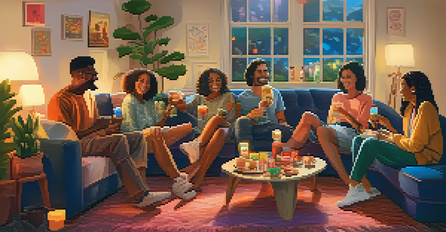 A cozy living room filled with friends enjoying THC-infused snacks and drinks, surrounded by warm lighting and colorful decorations.