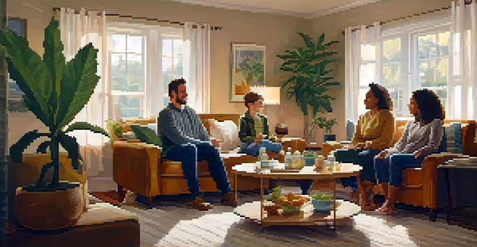 A family of different generations having a warm conversation in a cozy living room about marijuana use.