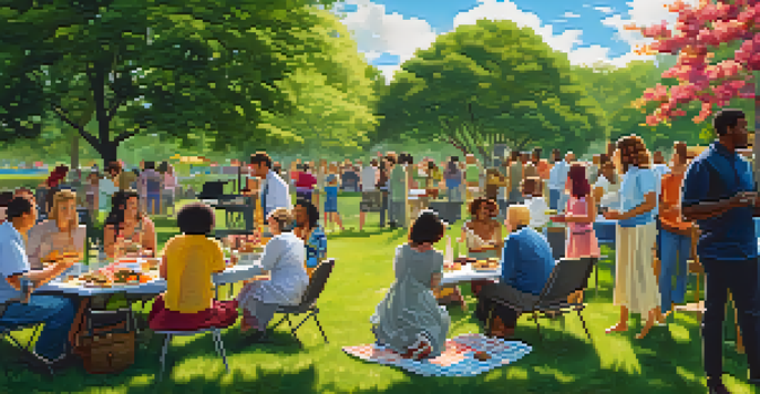 A lively outdoor barbecue gathering with people sitting on blankets and grilling food, set in a beautiful park with greenery and blue skies.